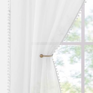 HYDE LANE Set of 2! Pom Pom White Sheer Curtains for Living Room 84 Inches Long